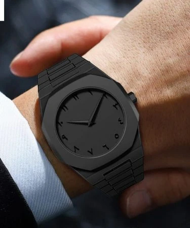 🖤 Black Aura Watch 🖤 with elegant black dial, silver hands, and a sophisticated butterfly lock, showcasing its premium quartz movement and sleek design.