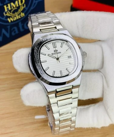 BESTWIN Original UNIVERSE POINT men's watch with solid steel chain, water resistant feature, date just display, and butterfly master lock, presented with its brand box.