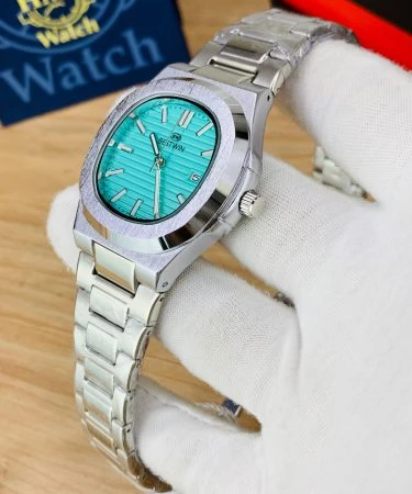 BESTWIN Original UNIVERSE POINT men's watch with solid steel chain, water resistant feature, date just display, and butterfly master lock, presented with its brand box.