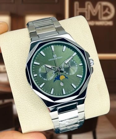 Universe Point Original Brand water-resistant solid steel watch for men featuring a date just display, butterfly master lock, and trendy style, presented in its brand box with a 6-month warranty.