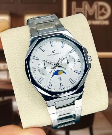 Universe Point Original Brand water-resistant solid steel watch for men featuring a date just display, butterfly master lock, and trendy style, presented in its brand box with a 6-month warranty.