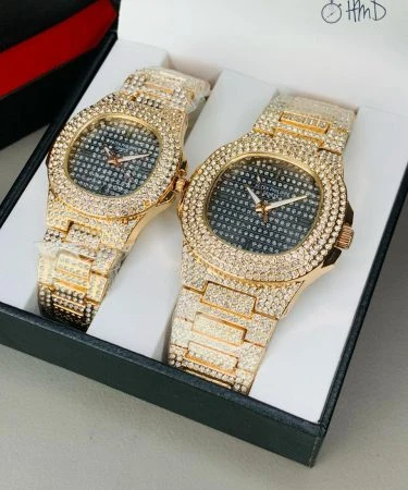 Patek Philippe Pair Watch Copper with full stone case and chain, luxury couple watches featuring a butterfly master lock, premium quality replica for men and women, available for check on delivery in Pakistan.