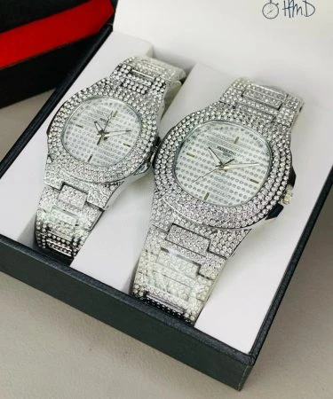 Patek Philippe Pair Watch Silver with full stone case and chain, luxury couple watches, premium quality replica for sale in Pakistan with check on delivery.