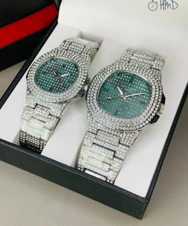 Patek Philippe Pair Watch Silver with full stone case and chain, luxury couple watches, premium quality replica for sale in Pakistan with check on delivery.