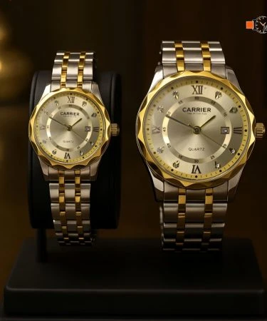 A pair of elegant ⌚ Carrier Couple Watches, one for him and one for her, displayed side-by-side on a plain background, highlighting their matching design, functional date, good quality, and available attractive colors.