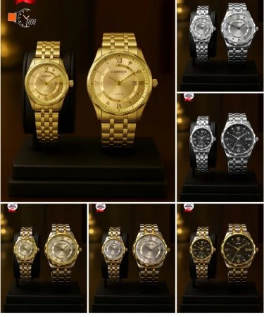 A pair of elegant ⌚ Carrier Couple Watches, one for him and one for her, displayed side-by-side on a plain background, highlighting their matching design, functional date, good quality, and available attractive colors.