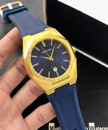 BESTWIN Men's Watch AP Style with black silicone strap, silver case, and clear date display, showcasing its fine quality and elegant design.