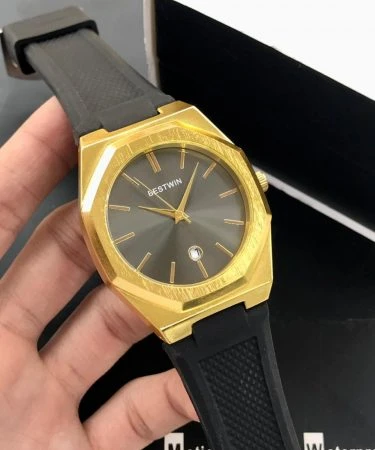 BESTWIN Men's Watch AP Style with black silicone strap, silver case, and clear date display, showcasing its fine quality and elegant design.