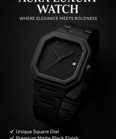 AURA WATCH square shape with date working and butterfly lock, showcasing its elegant design in new attractive colours, presented in a black premium gift box by Khareedo & Kharedo Pakistan.