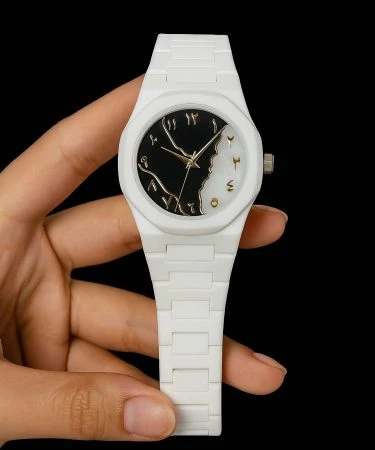 AURA WHITE WATCH with MARBLE DIAL, a sleek and elegant ladies' timepiece made from lightweight fiber material, featuring a secure butterfly lock. The watch face showcases a unique marble pattern, set against a clean backdrop, perfect for modern women seeking comfort and style.