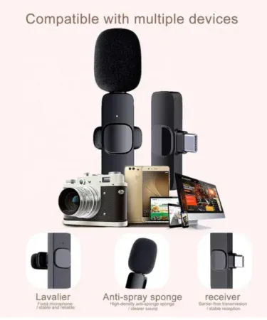 K9 Wireless Double Microphone Kit for Type C, iOS, Android Devices - Ideal for Vlogging, Podcasts, Interviews with Dual Lavalier Mics