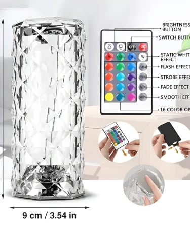 Remote & Touch Control Diamond Cut Large Crystal Table Lamp with RGB color changing modes and rose light effect, rechargeable for modern home decor in Pakistan.