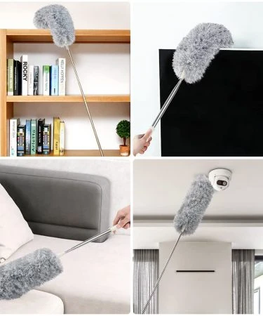 Microfiber Extendable Duster with 2m (100 inch) long handle, featuring bendable and chenille heads, ideal for cleaning high ceilings, fans, cobwebs, and cars.