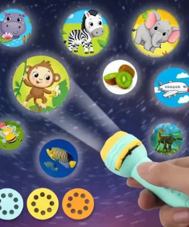 Kids playing with Projector Torch, projecting animal and plant images on a wall, interactive educational toy, children's night light.
