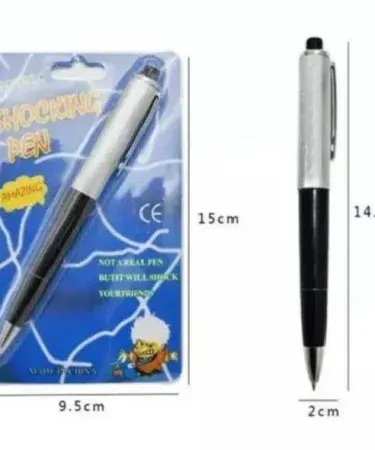 Current shocking prank pen with multiple views showing shock button and writing mechanism