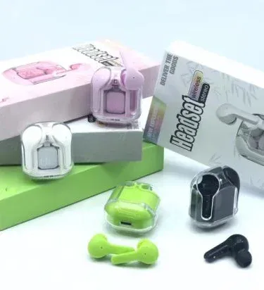 Air 31 Wireless Bluetooth Earbuds with Silicone Pouch, True Stereo Sound, Built-in Mic, Type-C Charging Case for Android iOS devices, showcasing the compact design, charging case, and included pouch.