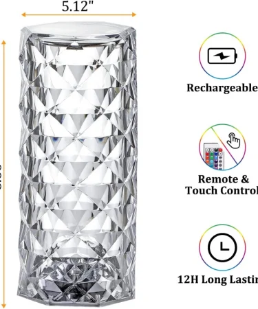 Remote & Touch Control Diamond Cut Large Crystal Table Lamp with RGB color changing modes and rose light effect, rechargeable for modern home decor in Pakistan.