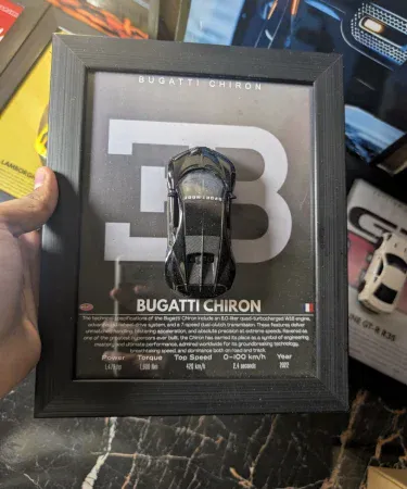 Bugatti Chiron 3D Car Frame featuring a 1:43 scale diecast metal car with opening doors, set in a premium 10.5x8.5 inch black wall frame, perfect for stylish room decor for boys and car enthusiasts.