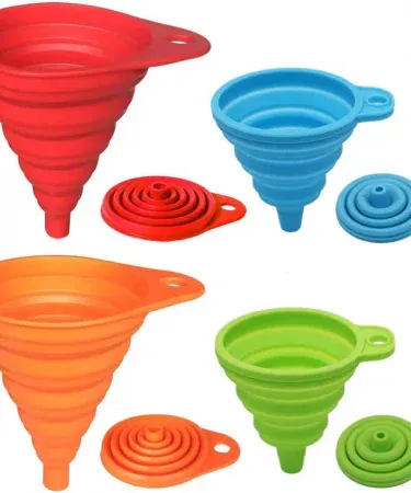 Food-grade silicone collapsible funnel shown in collapsed and expanded states, demonstrating flexibility and space-saving design for kitchen use like filling bottles, oils, or perfume.**