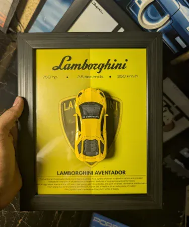 Lamborghini Aventador 3D Diecast Car Frame for wall decor, showcasing a red Aventador diecast model in a premium black frame with a realistic 3D effect, ideal for boys' rooms and car enthusiasts.