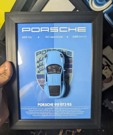 Porsche 911 GT3 3D Car Frame featuring a red diecast metal 1:43 scale model with opening doors, mounted inside a premium black frame, displayed as stylish wall art for a boy's room or car enthusiast.