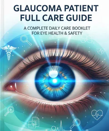 Glaucoma Patient Full Care Guide, comprehensive daily eye care booklet for eye health and safety with diet tips and medication instructions.