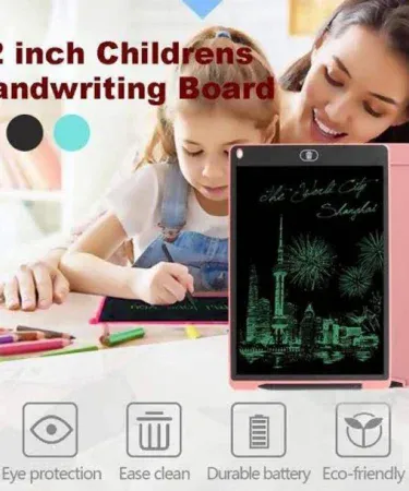 12-inch LCD writing and drawing tablet for kids, eco-friendly digital sketch pad, children's magic tablet, portable electronic notepad with stylus, blue color, shown in use by a child, Khareedo Pakistan