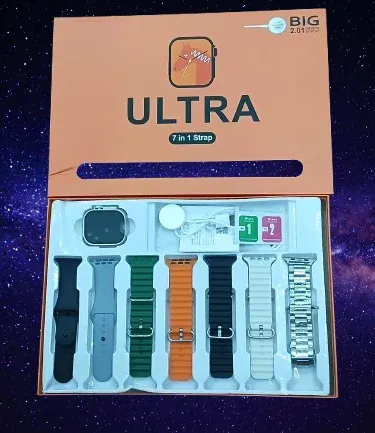 Ultra Smart Watch 7 in 1 stylish for men and women, featuring a vibrant touchscreen display with fitness tracking (heart rate, steps), call function, and sleek design.