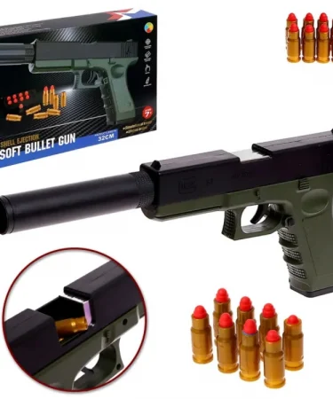 Soft Bullet Blaster Gun with foam darts, suitable for kids and adults 11+, emphasizing safe outdoor play and family fun.