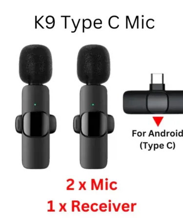 Original K9 Dual Wireless Lavalier Microphone for Android Type-C & iPhone Lightning with dual transmitters and receiver for live streaming, vlogging, interviews, and gaming in Pakistan.