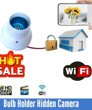1080p Full HD Mini Wifi CCTV Camera disguised as a bulb, installed in a standard E27 bulb holder, showing clear surveillance view. Wireless IP camera for discreet home security by Khareedo.