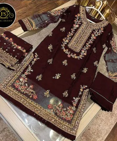 Elegant 3PC embroidered stitched organza suit for women with intricate neck daman work and embroidered dupatta, ideal for formal wear and parties in Pakistan from Khareedo and Kharedo.