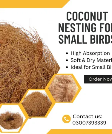 Close-up of Coconut Haven eco-friendly coco coir nesting material, showing natural dried coconut fibers, suitable for small birds and finches, 120g pack for comfortable bird nests.