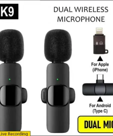 K9 Wireless Dual Mic Latest Dual Wireless Microphone Kit for smartphones and DSLR cameras, showcasing two wireless lavalier microphones and receiver for professional audio recording via Khareedo.pk