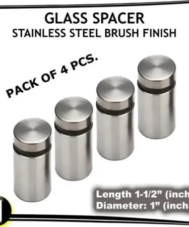 Close-up of four 1-inch stainless steel wall spacers, also known as glass standoff sign holders, designed for mounting acrylic, plexiglass, and mirrors, with a clear view of their advertising screw fixing mechanism.