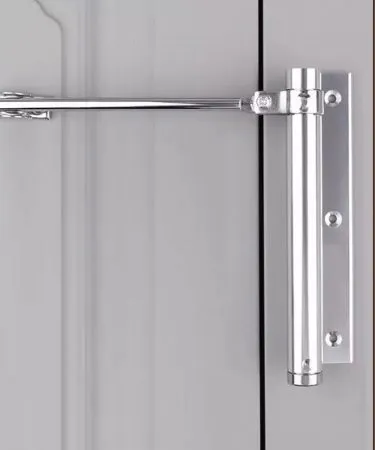 High quality silver aluminum alloy self-closing adjustable door closer with hydraulic spring mechanism, suitable for fire rated and residential doors, available in Pakistan.