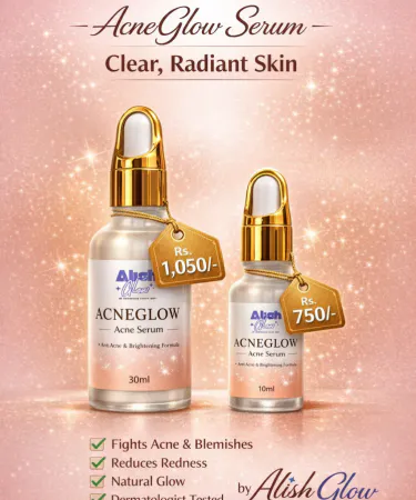 AcneGlow Acne Serum by Alish Glow 30ml bottle with clear skin background, oil‑control formula, Pakistani branding