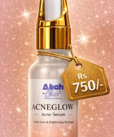 AcneGlow Acne Serum by Alish Glow 30ml bottle with clear skin background, oil‑control formula, Pakistani branding