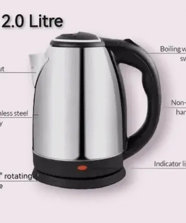 Stainless steel 2 litre 1500 W electric kettle from Khareedo & Kharedo, imagecaption=Electric Kettle 2.0 L – 1500 W – Fast Boil – Available on Khareedo & Kharedo,