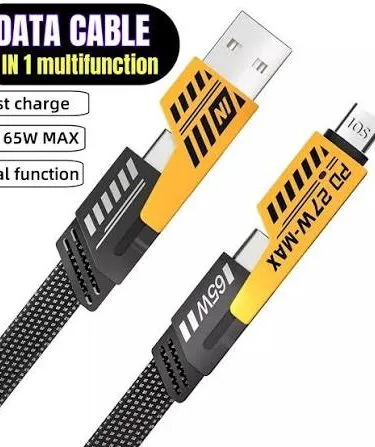 4in1 Convertible USB Fast Charging Cable with Type‑C, USB‑C, and Lightning connectors – Khareedo & Kharedo, imagecaption=Versatile 4‑in‑1 USB fast charging cable for smartphones, tablets, and laptops, featuring PD support and reinforced connectors.