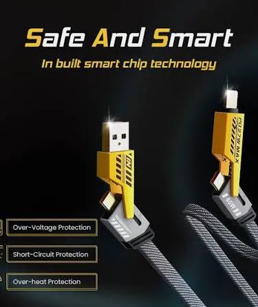 4in1 Convertible USB Fast Charging Cable with Type‑C, USB‑C, and Lightning connectors – Khareedo & Kharedo, imagecaption=Versatile 4‑in‑1 USB fast charging cable for smartphones, tablets, and laptops, featuring PD support and reinforced connectors.