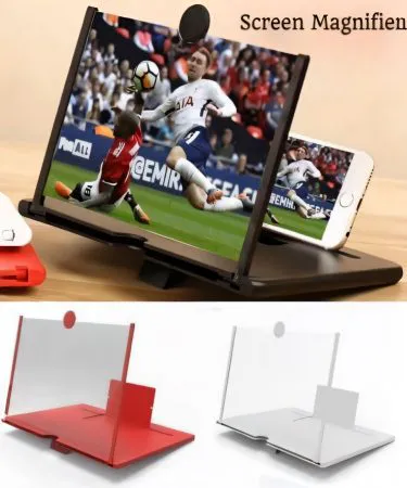 F3 Mobile 3D Screen Magnifier 8‑inch black standing style on a desk, showing enlarged smartphone display