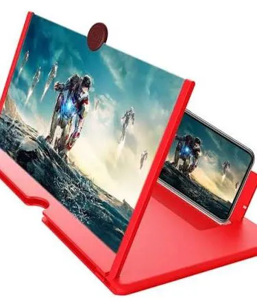 F3 Mobile 3D Screen Magnifier 8‑inch black standing style on a desk, showing enlarged smartphone display