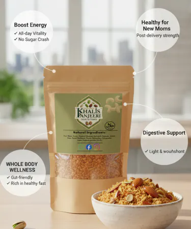 A bowl of Homemade Panjeeri 1Kg, rich with golden-brown texture, visible dry fruits (almonds, pistachios, cashews), nuts, and seeds. The Panjeeri is garnished with a sprinkle of crushed nuts, set against a rustic backdrop, emphasizing its natural and wholesome ingredients, representing a healthy and energy-boosting traditional snack from Khareedo.