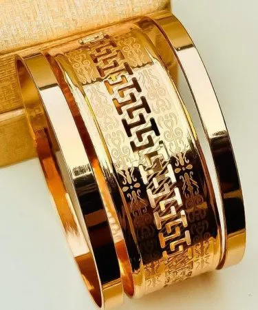 Fancy 3 Piece Gold-Plated Bangles Set with intricate geometric pattern, ideal for women's fashion, available at Khareedo Pakistan.