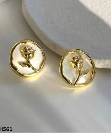 A pair of elegant golden-plated stud earrings featuring a detailed painted rose design with sparkling rhinestone embellishments for women.
