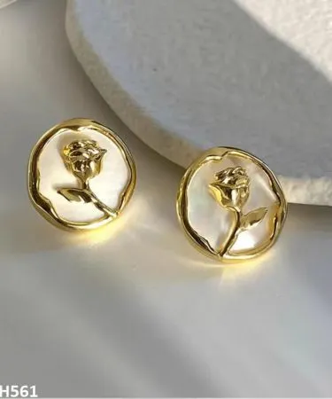A pair of elegant golden-plated stud earrings featuring a detailed painted rose design with sparkling rhinestone embellishments for women.