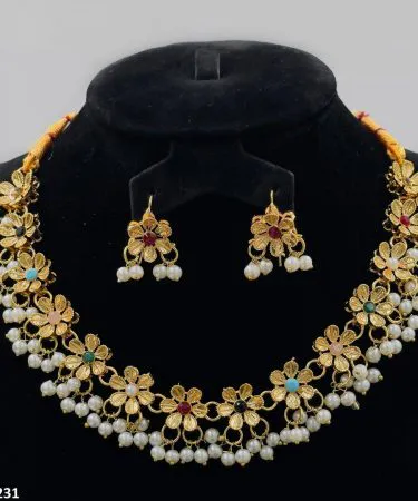 Close-up of an elegant copper alloy flower necklace set with matching floral earrings on a clean background, highlighting the intricate design.