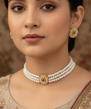 Flower Pearl Choker Set – golden plated copper alloy necklace with synthetic stone pearls, 10 inch length, women’s formal party wear, packaged in polybag, displayed on a white background , imagecaption=Elegant Flower Pearl Choker Set for women – perfect for formal and party occasions, available on Khareedo & Kharedo with Check‑on‑Delivery service ,