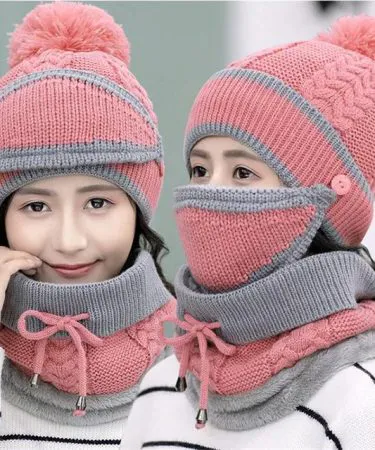 3-piece wool plain beanie and neck warmer set for women in multiple colors, includes windproof full face mask, beanie, and neck warmer, displayed on a winter background , imagecaption=Stylish 3 pcs Wool Beanie & Neck Warmer Set – Available in Black, Blue, Beige, Maroon, Pink, and Purple – Shop now on Khareedo | Kharedo ,